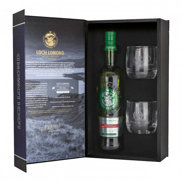 Loch Lomond The Open Special Edition Distiller's Cut with glasses
